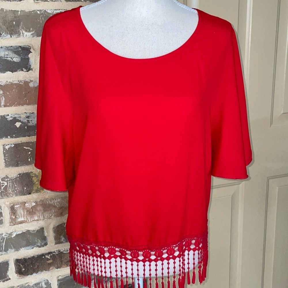 3/$20 Blue Sketch Red Fringe Top Flutter Sleeve Boho 4.5” Trim Fairycore Whimsy